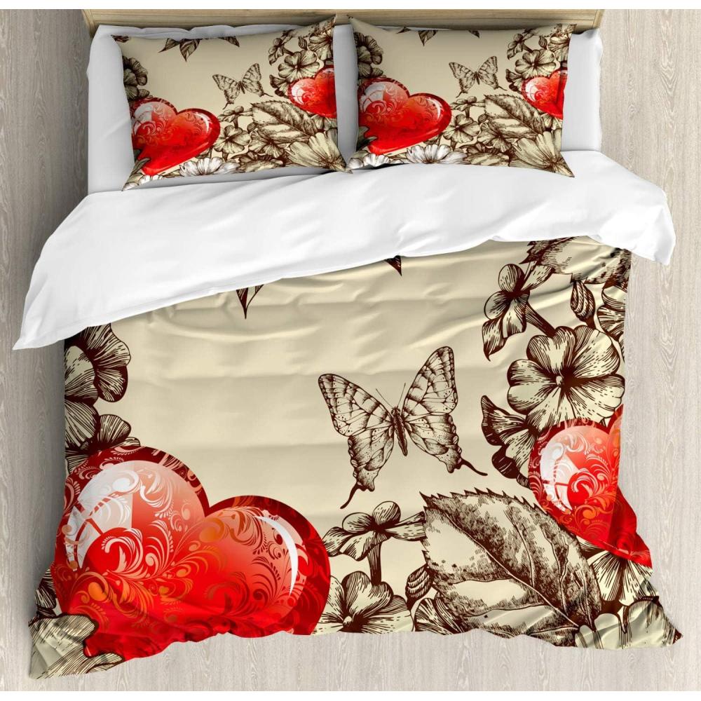 imageAmbesonne Love Duvet Cover Sets Cartoon Birds is Sitting on a Branch Bee Smiling Loving Valentine Bedding Set with 2 Duvet Covers amp 4 Pillowcases 2 Pack Queen Size Pale Pink Beige TaupeBeige Brown Red
