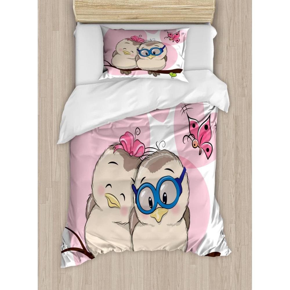 imageAmbesonne Love Duvet Cover Sets Cartoon Birds is Sitting on a Branch Bee Smiling Loving Valentine Bedding Set with 2 Duvet Covers amp 4 Pillowcases 2 Pack Queen Size Pale Pink Beige TaupePale Pink Beige Taupe