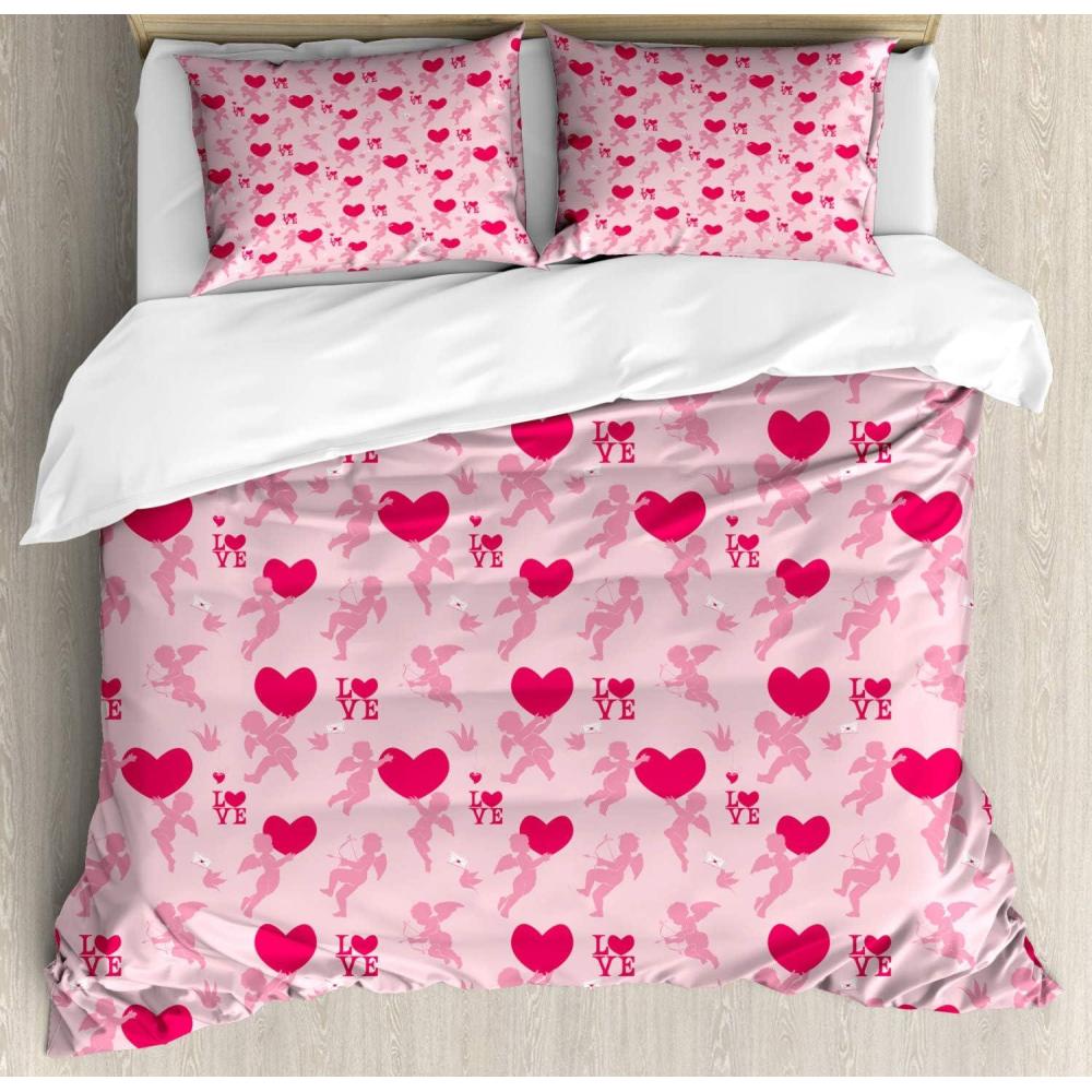 imageAmbesonne Love Duvet Cover Sets Cartoon Birds is Sitting on a Branch Bee Smiling Loving Valentine Bedding Set with 2 Duvet Covers amp 4 Pillowcases 2 Pack Queen Size Pale Pink Beige TaupeRose Pink