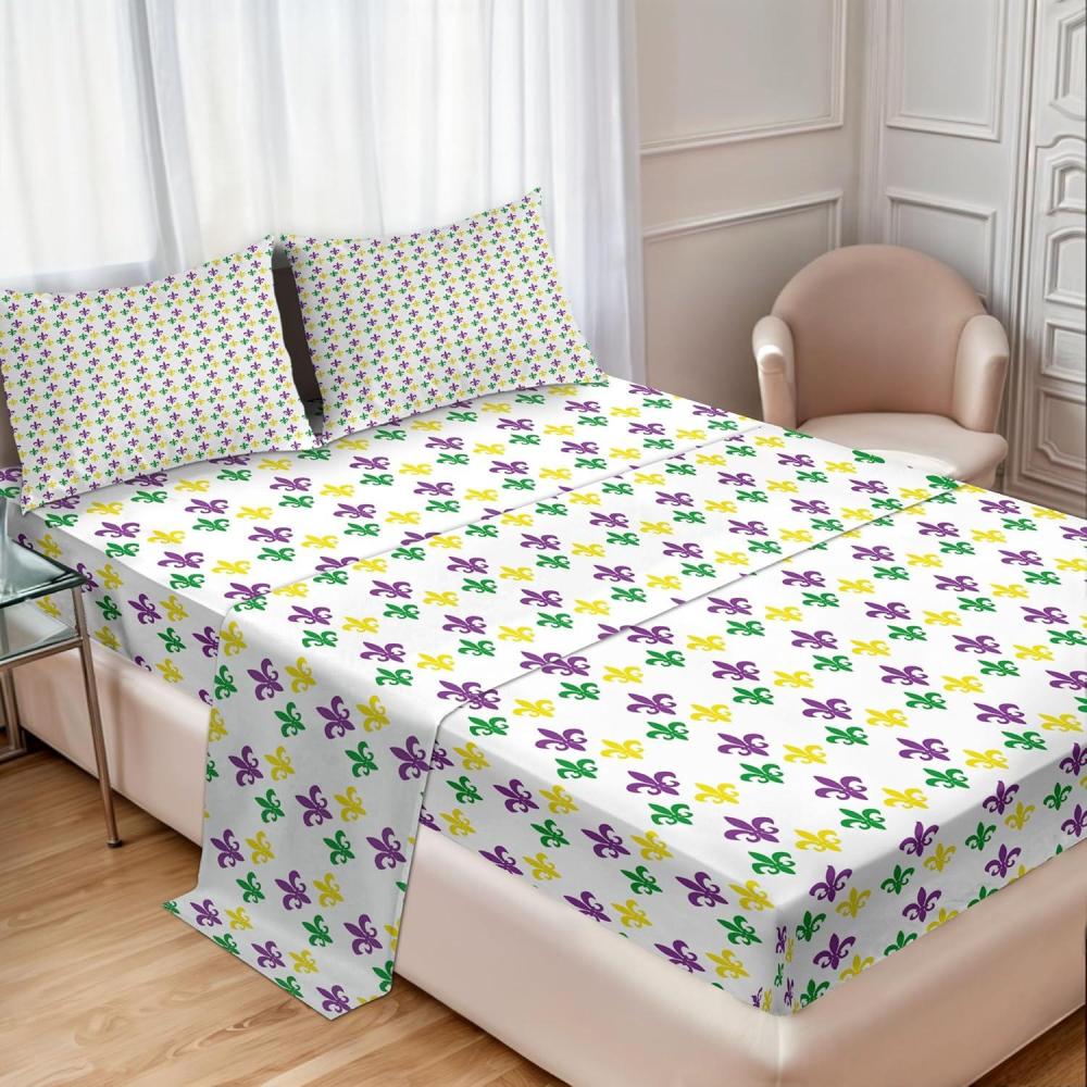 imageAmbesonne Mardi Gras Sheet Set Fleur De Lis in Mardi Gras Carnival Colors Festival Pattern Fitted and Flat Sheet with Pillowcases Bedding Accent 4 Piece Set Queen Green Yellow Purple