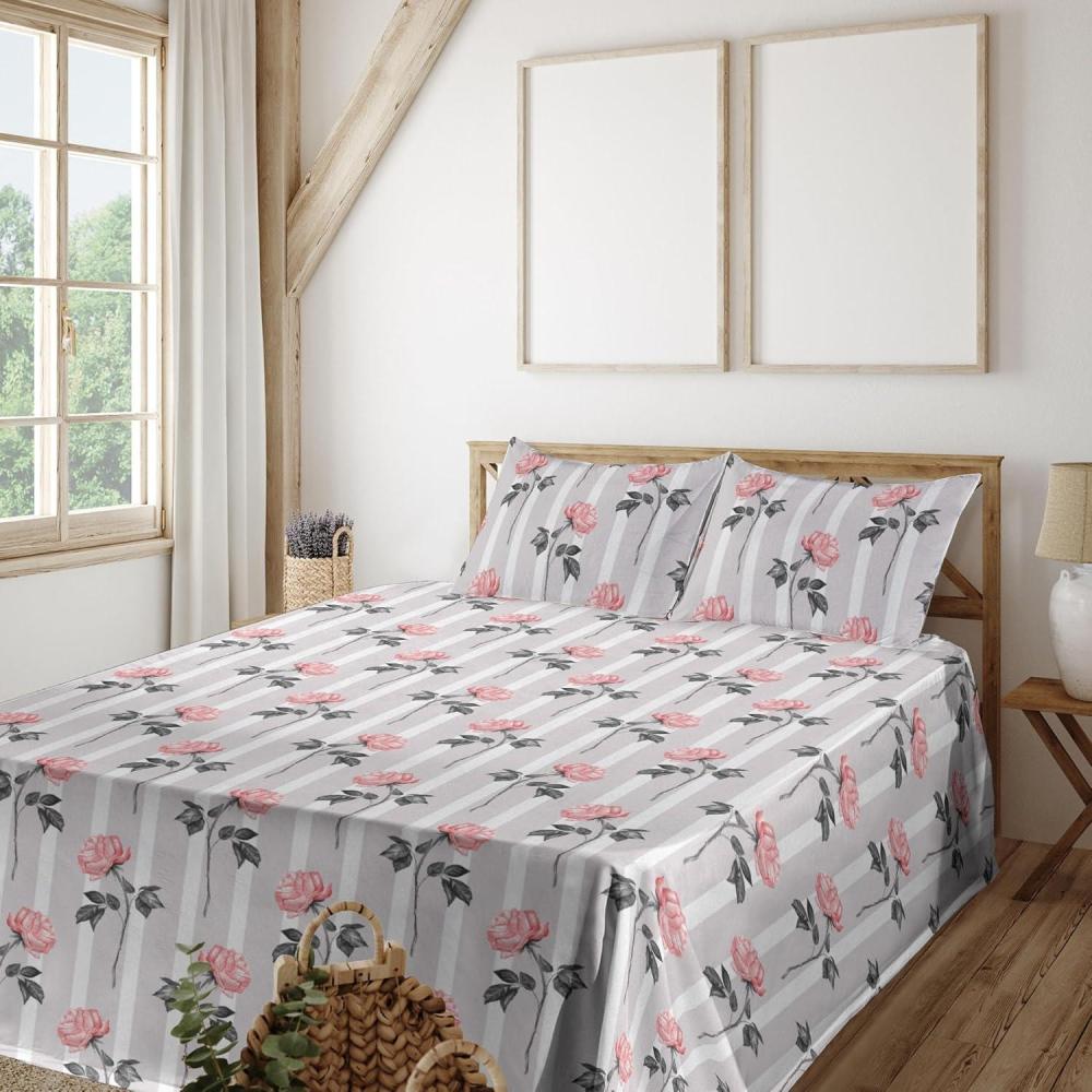 imageAmbesonne Pink Roses Sheet Set Romantic Spring Garden Blooming Flowers Nature Art Valentine Blossom Fitted and Flat Sheet with Pillowcases Bedding Accent 4 Piece Set Full Magenta Blush KhakiGrey and Pale Pink
