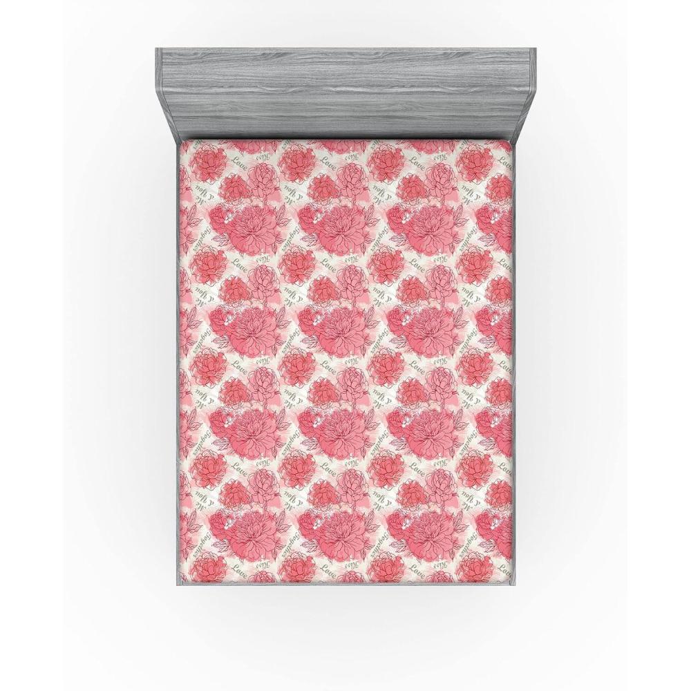 imageAmbesonne Romantic Fitted Sheet Valentines Day Kiss Love Me and You Lettering with Blooming Flowers Decorative Soft Fabric Bedding AllRound Elastic Pocket Full Size Pastel Pink Grey EggshellPastel Pink Grey Eggshell