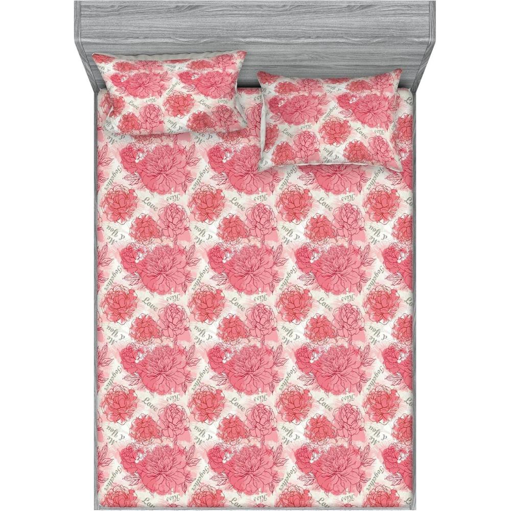 imageAmbesonne Romantic Fitted Sheet amp Pillow Sham Set Valentines Day Kiss Love Me and You Lettering with Blooming Flowers Decorative Printed 3 Piece Bedding Decor Set Full Pastel Pink Grey EggshellPastel Pink Grey Eggshell