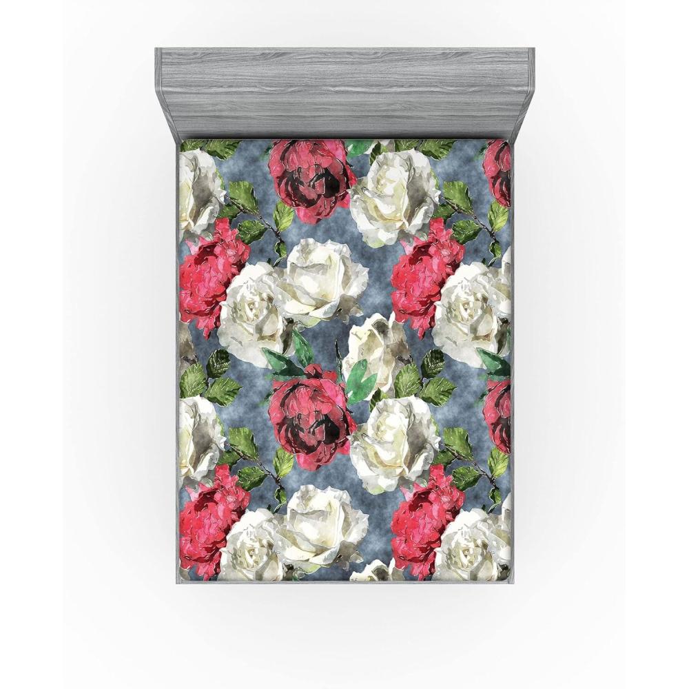 imageAmbesonne Rose Fitted Sheet Romantic Blurry Style Effect of English Garden Petals Valentines Themed Decorative Soft Fabric Bedding AllRound Elastic Pocket Full Size Dark Pink Emerald DustBlue Grey Dark Pink