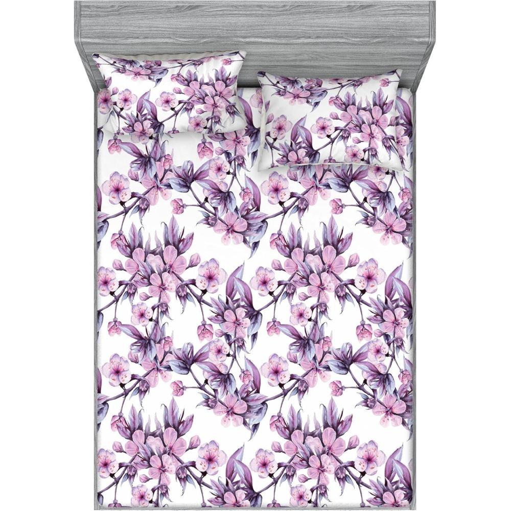 imageAmbesonne Rose Fitted Sheet amp Pillow Sham Set Romantic Blurry Style Effect of English Garden Petals Valentines Themed Decorative Printed 3 Piece Bedding Decor Set Queen Dark Pink Emerald DustPale Purple Violet and Pink