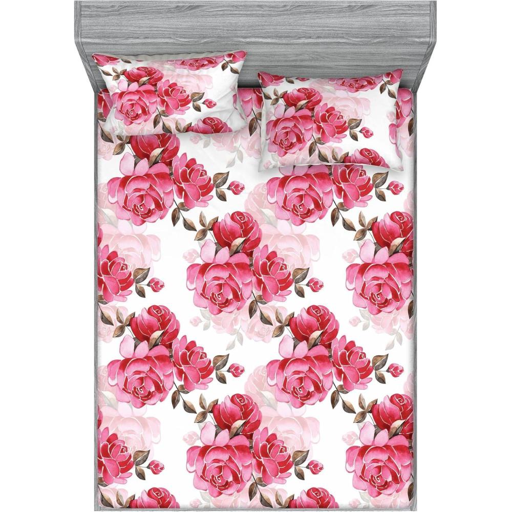 imageAmbesonne Rose Fitted Sheet amp Pillow Sham Set Romantic Blurry Style Effect of English Garden Petals Valentines Themed Decorative Printed 3 Piece Bedding Decor Set Queen Dark Pink Emerald DustBrown Pink and Magenta