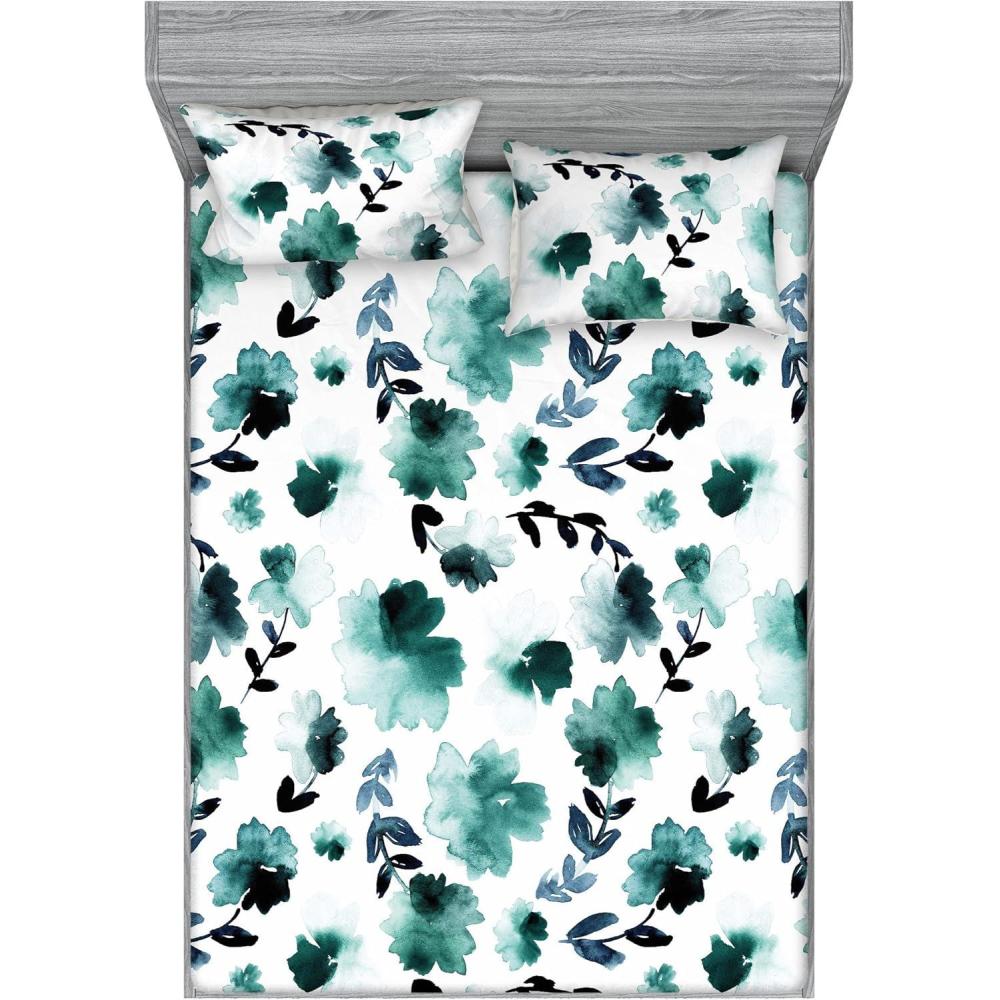 imageAmbesonne Rose Fitted Sheet amp Pillow Sham Set Romantic Blurry Style Effect of English Garden Petals Valentines Themed Decorative Printed 3 Piece Bedding Decor Set Queen Dark Pink Emerald DustDark Teal Slate Blue