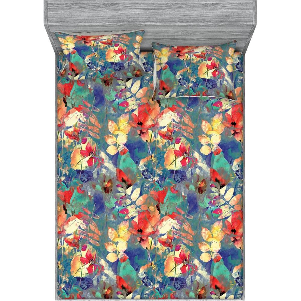 imageAmbesonne Rose Fitted Sheet amp Pillow Sham Set Romantic Blurry Style Effect of English Garden Petals Valentines Themed Decorative Printed 3 Piece Bedding Decor Set Queen Dark Pink Emerald DustViolet Blue Teal and Orange