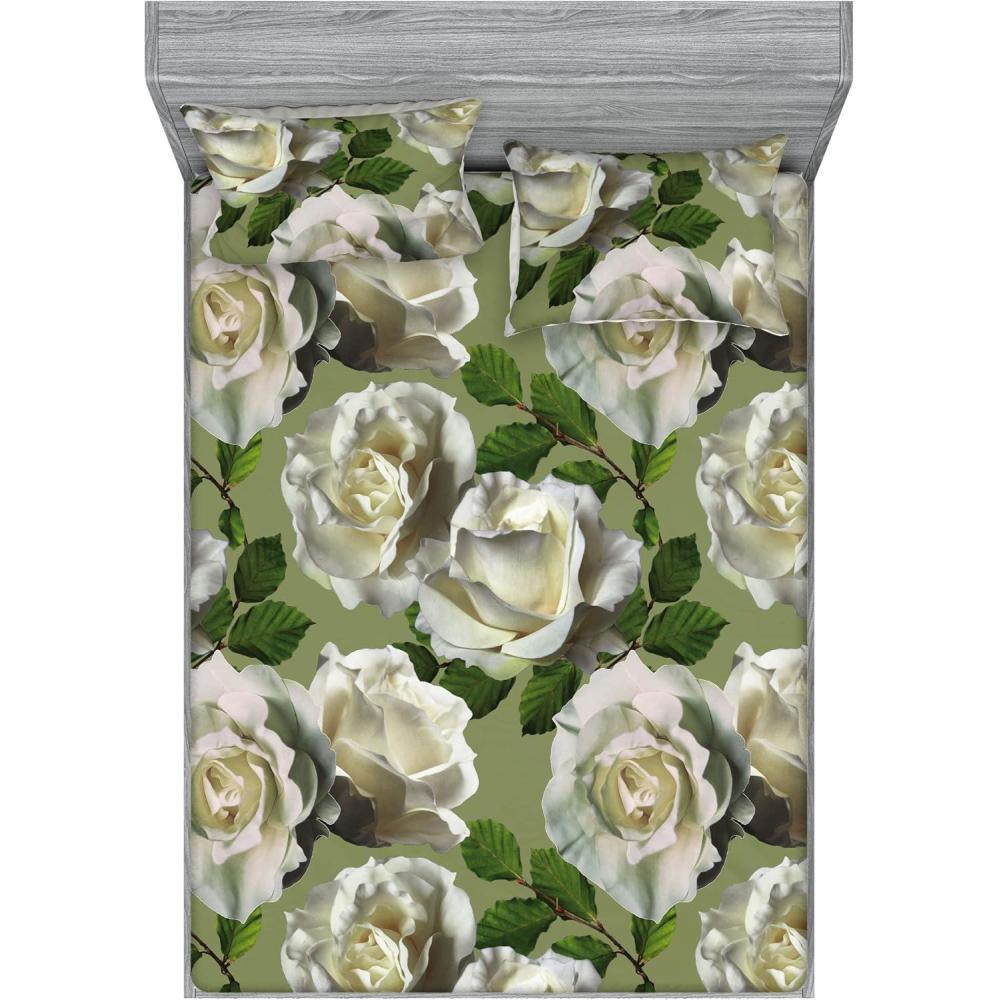 imageAmbesonne Rose Fitted Sheet amp Pillow Sham Set Romantic Blurry Style Effect of English Garden Petals Valentines Themed Decorative Printed 3 Piece Bedding Decor Set Queen Dark Pink Emerald DustOlive Green Ivory and Emerald