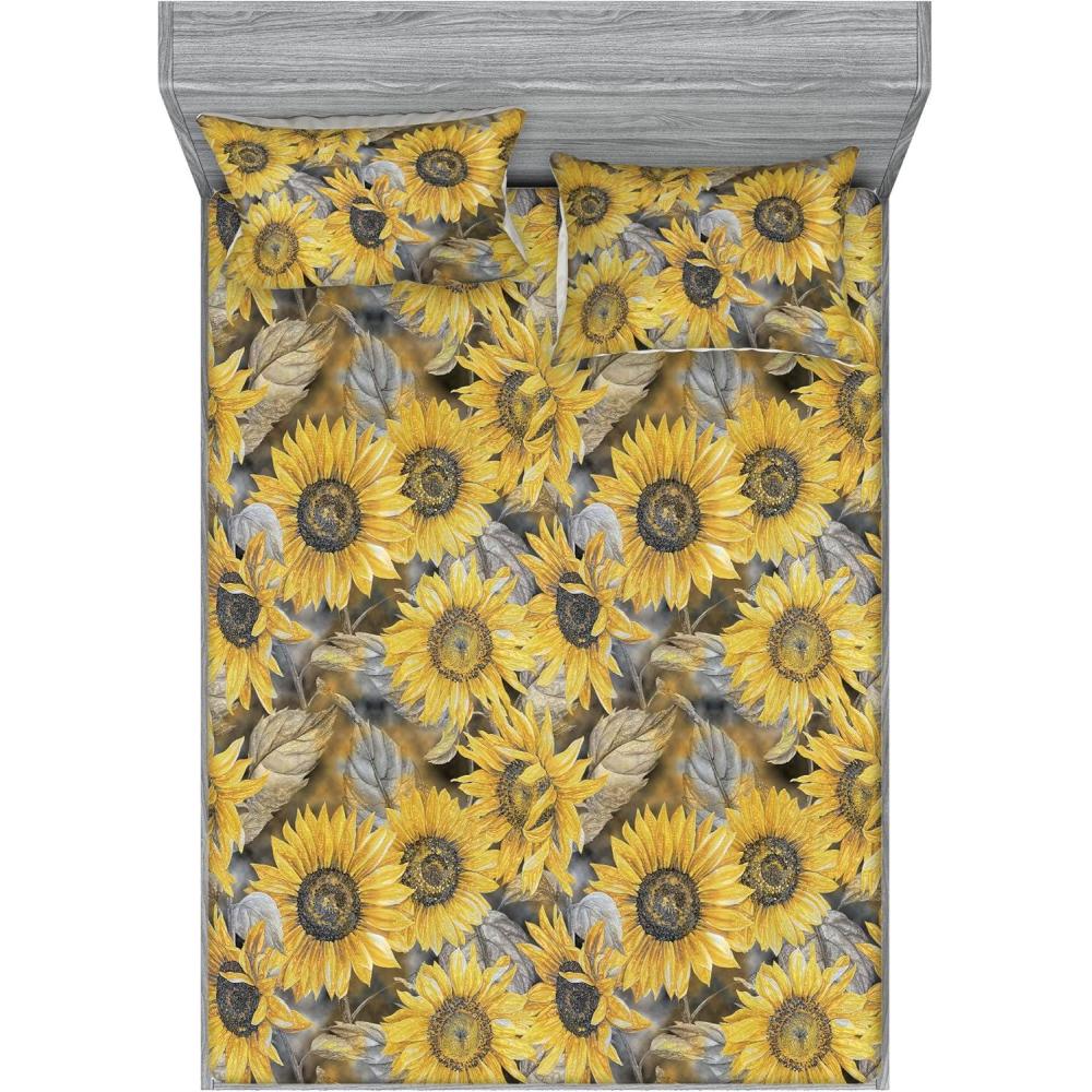 imageAmbesonne Rose Fitted Sheet amp Pillow Sham Set Romantic Blurry Style Effect of English Garden Petals Valentines Themed Decorative Printed 3 Piece Bedding Decor Set Queen Dark Pink Emerald DustEarth Yellow and Grey