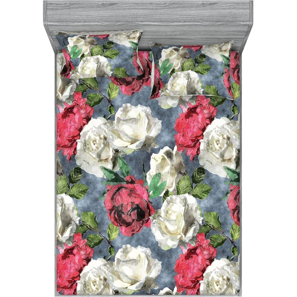 imageAmbesonne Rose Fitted Sheet amp Pillow Sham Set Romantic Blurry Style Effect of English Garden Petals Valentines Themed Decorative Printed 3 Piece Bedding Decor Set Queen Dark Pink Emerald DustBlue Grey Dark Pink