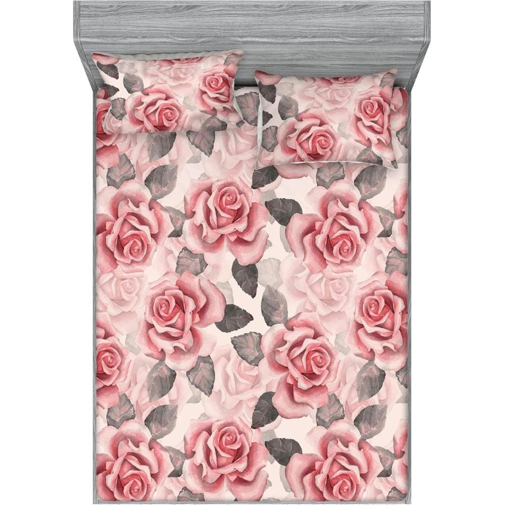 imageAmbesonne Rose Fitted Sheet amp Pillow Sham Set Romantic Blurry Style Effect of English Garden Petals Valentines Themed Decorative Printed 3 Piece Bedding Decor Set Queen Dark Pink Emerald DustGrey and Pastel Pink