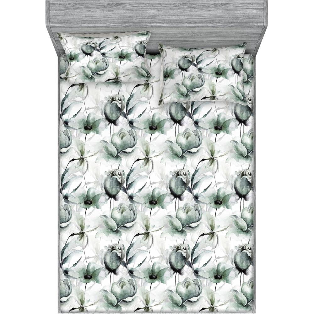 imageAmbesonne Rose Fitted Sheet amp Pillow Sham Set Romantic Blurry Style Effect of English Garden Petals Valentines Themed Decorative Printed 3 Piece Bedding Decor Set Queen Dark Pink Emerald DustLaurel Green and Pale Grey