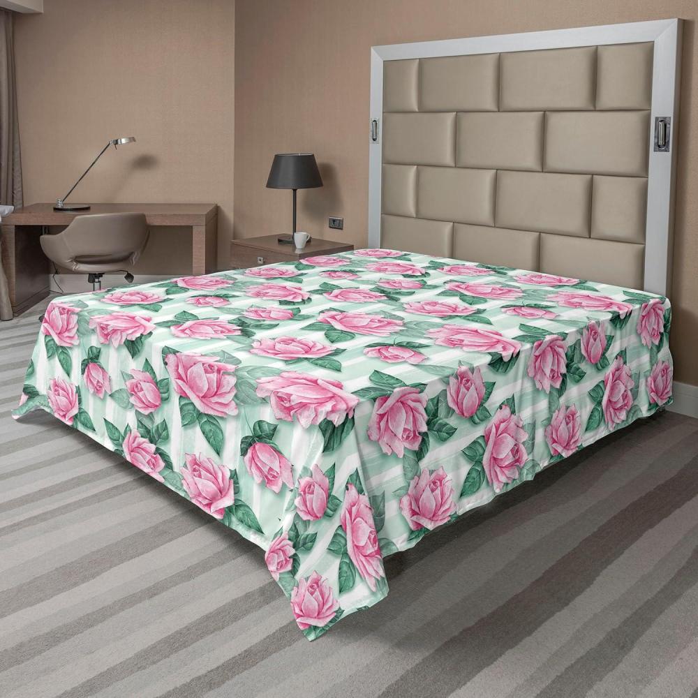imageAmbesonne Spring Floral Flat Sheet Valentines Day Concept Romantic Garden Flowers with Leaves Greenery Soft Comfortable Top Sheet Decorative Bedding 1 Piece Full Size Seafoam Peach WhitePastel Pink Jade Green