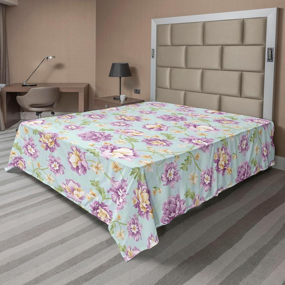 imageAmbesonne Spring Floral Flat Sheet Valentines Day Concept Romantic Garden Flowers with Leaves Greenery Soft Comfortable Top Sheet Decorative Bedding 1 Piece Full Size Seafoam Peach WhitePale Eggplant Green