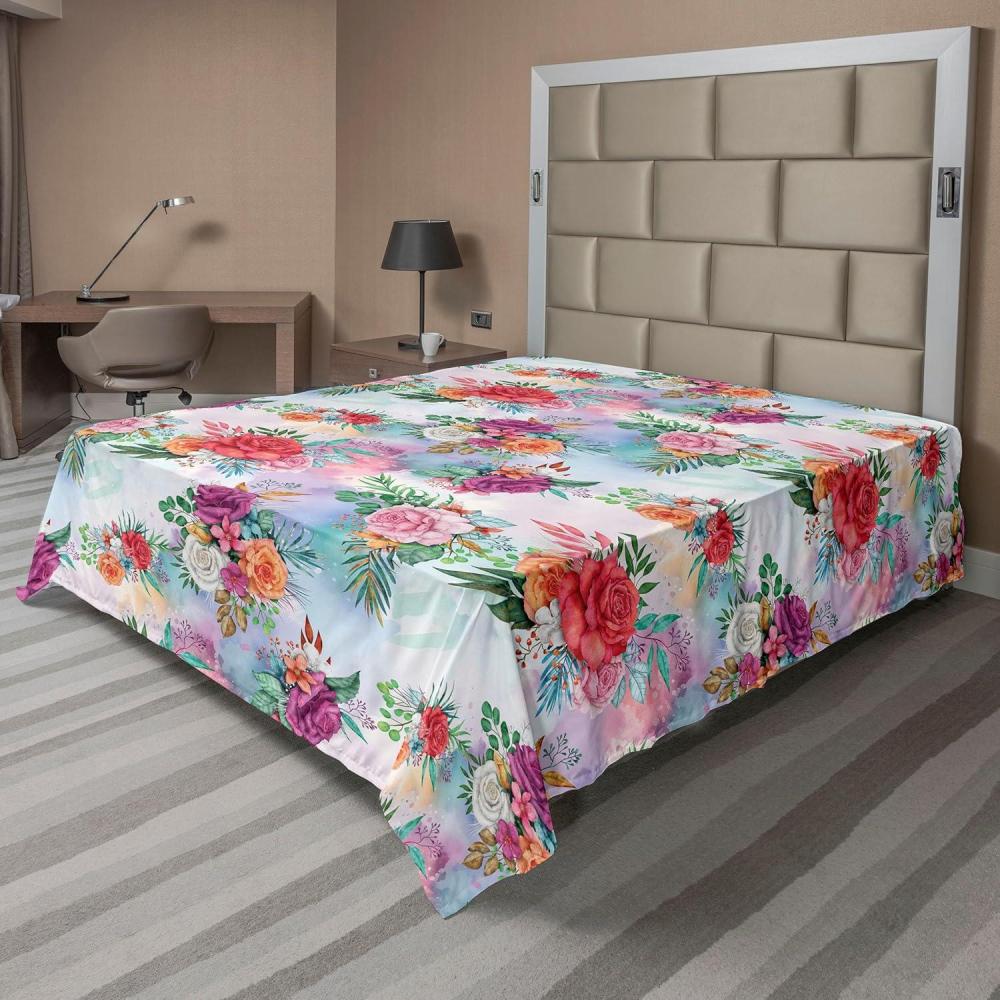 imageAmbesonne Spring Floral Flat Sheet Valentines Day Concept Romantic Garden Flowers with Leaves Greenery Soft Comfortable Top Sheet Decorative Bedding 1 Piece Full Size Seafoam Peach WhiteMulticolor Dark Coral