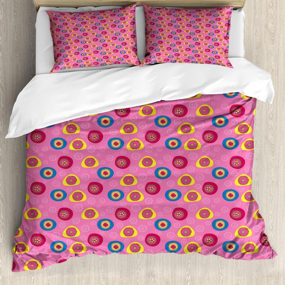 imageAmbesonne Valentine Duvet Cover Set Grunge Style Abstract Modern Art Hearts Stripes Circles Splashes Decorative 3 Piece Bedding Set with 2 Pillow Shams Queen Size Orange Hot Pink and RosePink Yellow Dark Coral