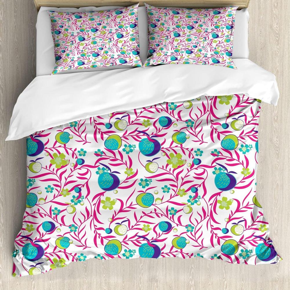 imageAmbesonne Valentine Duvet Cover Set Grunge Style Abstract Modern Art Hearts Stripes Circles Splashes Decorative 3 Piece Bedding Set with 2 Pillow Shams Queen Size Orange Hot Pink and RoseApple Green and Hot Pink
