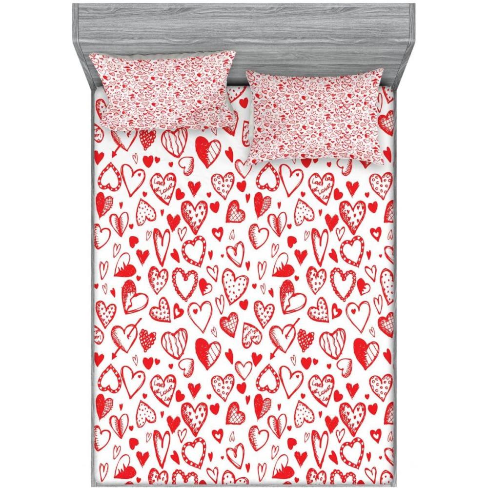 imageAmbesonne Valentines 2 Pack Fitted Sheet amp Pillow Sham Set Red and White Sketch 4 Pcs Bedding Decor Package Contains 2 Full Size Fitted Sheets amp 4 Pillow Covers Scarlet White