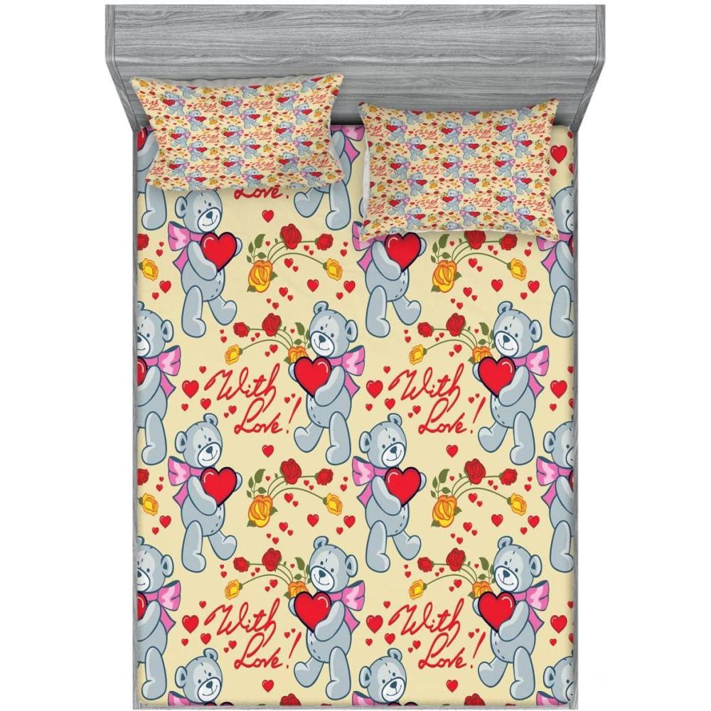 imageAmbesonne Valentines Day 2 Pack Fitted Sheet amp Pillow Sham Set Bears Hearts 4 Pcs Bedding Decor Package Contains 2 Full Size Fitted Sheets amp 4 Pillow Covers MulticolorMulticolor