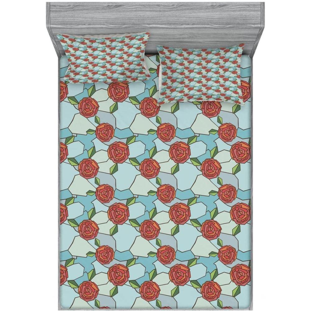 imageAmbesonne Valentines Day 2 Pack Fitted Sheet amp Pillow Sham Set Stained Glass Rose 4 Pcs Bedding Decor Package Contains 2 Full Size Fitted Sheets amp 4 Pillow Covers MulticolorMulticolor