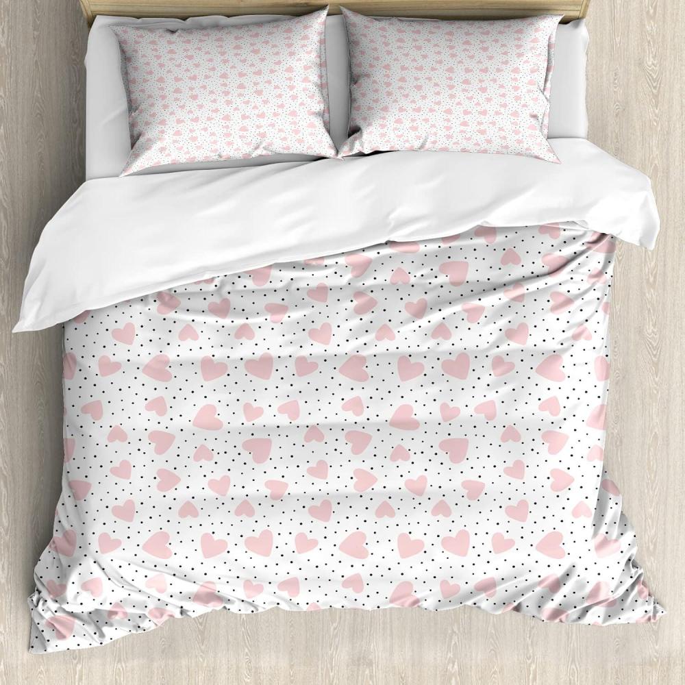 imageAmbesonne Valentines Day Duvet Cover Set Romantic Theme Hearts and Monochrome Dots on Plain Backdrop Decorative 3 Piece Bedding Set with 2 Pillow Shams Queen Size Rose and Charcoal GreyRose and Charcoal Grey