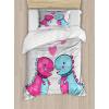 Ambesonne Dinosaur Duvet Cover Sets, 2 Dinosaurs with Spiked Neck Collars in Love Hearts Valentines, Bedding Set with 2 Duvet Covers & 4 Pillowcases, 2 Pack Queen Size, Pale Grey Pale Blue