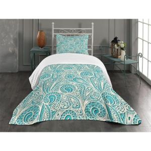 Ambesonne Floral Bedspread Set, Vintage Garden Plants Herbs Flowers Botanical Classic Design Art, 3 Piece Decorative Bedding Coverlet and 2 Pillow Shams, Twin Size, Reseda Green Beige(Turquoise White)