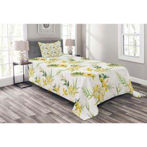 Ambesonne Floral Bedspread Set, Vintage Garden Plants Herbs Flowers Botanical Classic Design Art, 3 Piece Decorative Bedding Coverlet and 2 Pillow Shams, Twin Size, Reseda Green Beige(Yellow Green White)