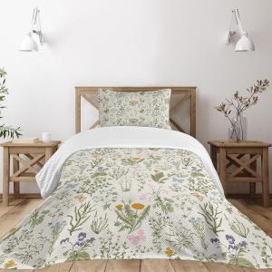 Ambesonne Floral Bedspread Set, Vintage Garden Plants Herbs Flowers Botanical Classic Design Art, 3 Piece Decorative Bedding Coverlet and 2 Pillow Shams, Twin Size, Reseda Green Beige(Reseda Green Beige)