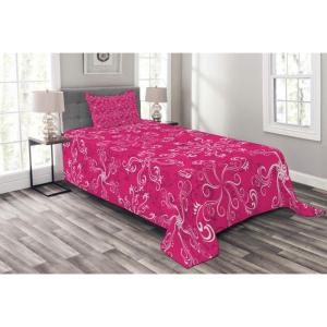 Ambesonne Floral Bedspread Set, Vintage Garden Plants Herbs Flowers Botanical Classic Design Art, 3 Piece Decorative Bedding Coverlet and 2 Pillow Shams, Twin Size, Reseda Green Beige(Hot Pink White Purple)
