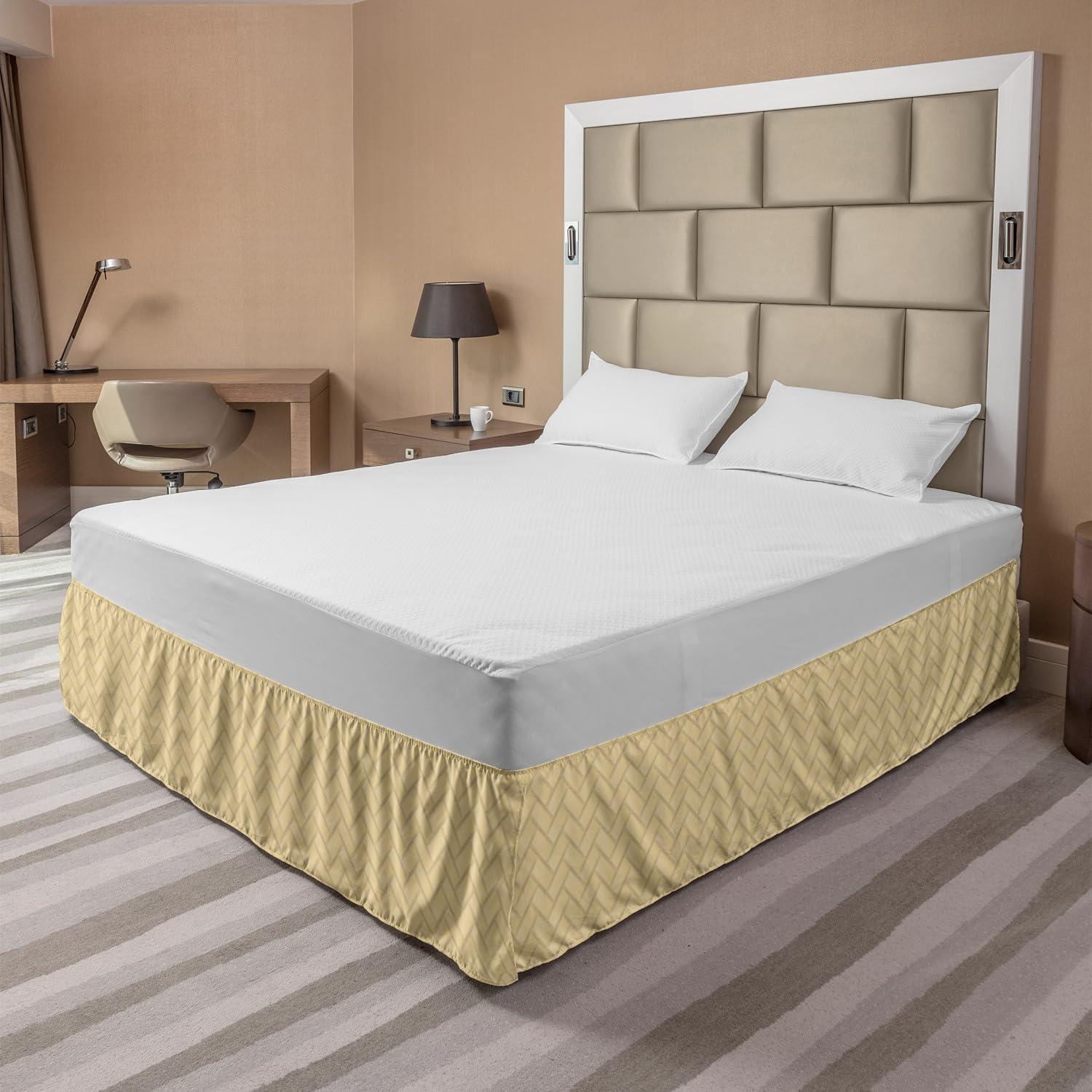 imageAmbesonne Neutral Color Bedskirt Geometric Tile Like Pattern with Crossing Style Brick Stones Motif Print Bedroom Decor Wrap Around Elastic Bed Skirt Gathered Design King Beige and Ecru