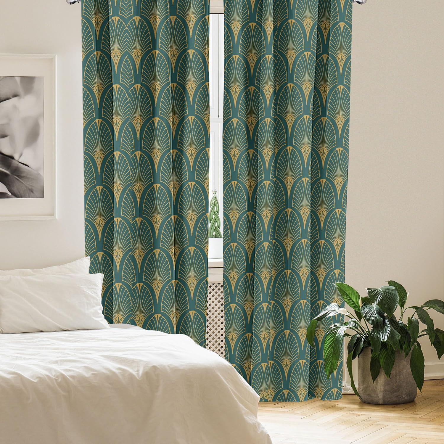 imageAmbesonne Retro Curtains Waves Geometric Shapes Seashell Motif Old Times Vintage Design of Art Deco Window Treatments 2 Panel Set for Living Room Bedroom Pair of 28 x 84 Dark Grey White FawnDark Mustard and Dark Teal