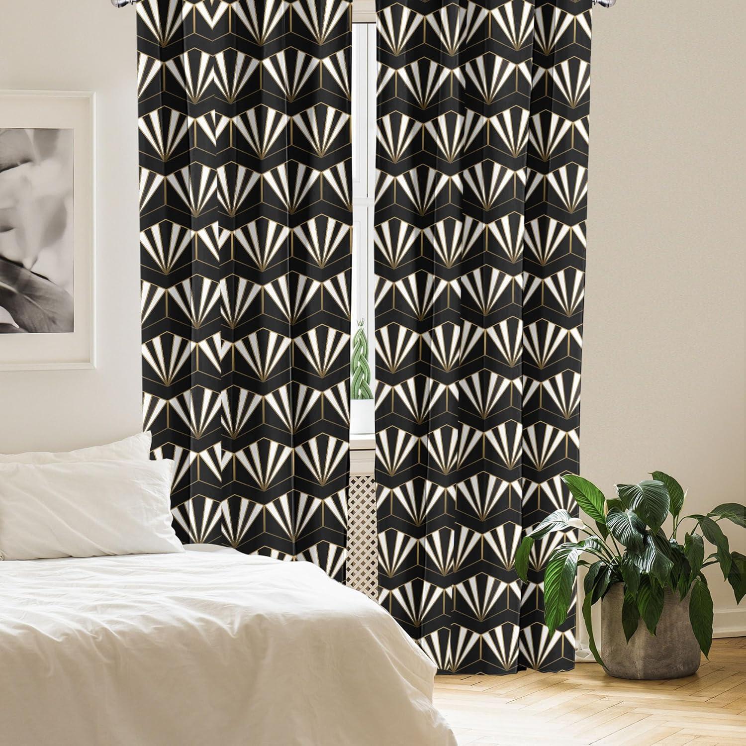 imageAmbesonne Retro Curtains Waves Geometric Shapes Seashell Motif Old Times Vintage Design of Art Deco Window Treatments 2 Panel Set for Living Room Bedroom Pair of 28 x 84 Dark Grey White FawnFawn Black and White