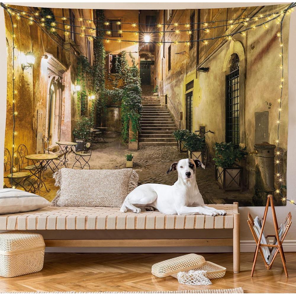 imageAmbesonne Italian Tapestry Old Courtyard Rome Italy Cafe Chairs City Historic Houses in Street Wide Wall Hanging for Bedroom Living Room Dorm 80 X 60 Pale Yellow Green Orange