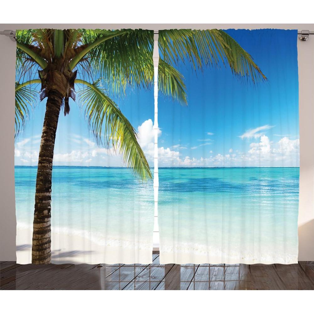 imageAmbesonne Ocean Curtains Exotic Beach Water and Palm Tree by The Shore Clear Sky Landscape Image Living Room Bedroom Window Drapes 2 Panel Set 108 X 63 Green Ecru