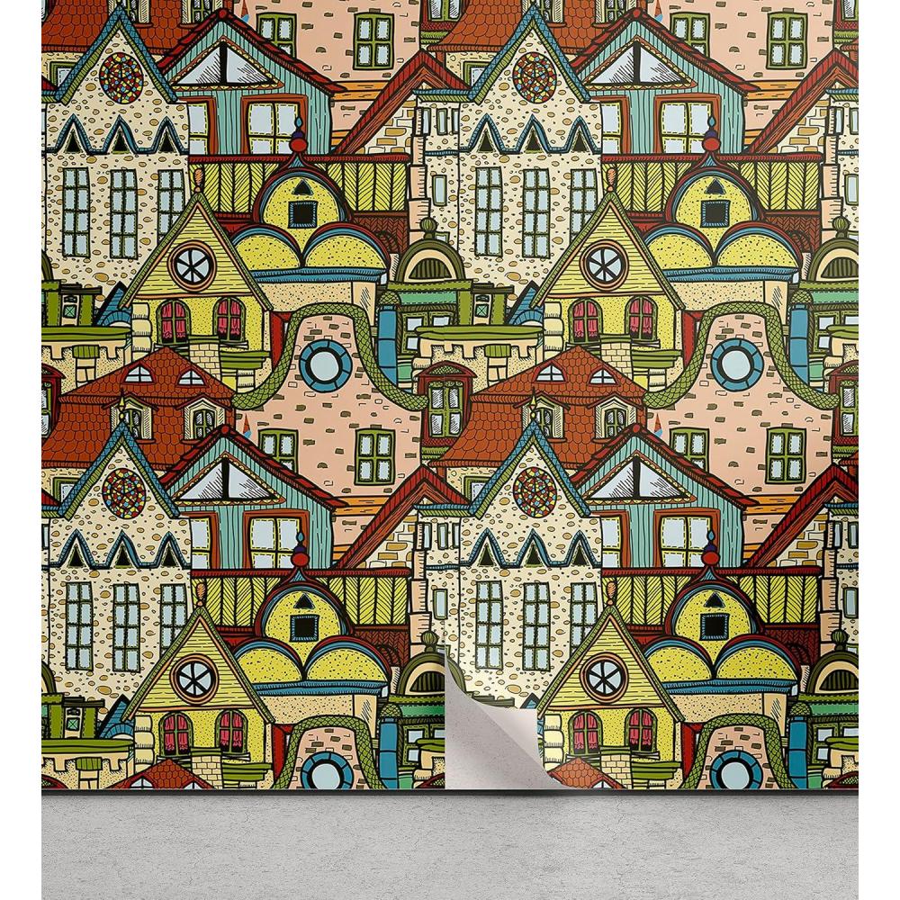 imageAmbesonne Retro Peel amp Stick Wallpaper Home Hand Drawn Old City in Colorful Tones European Buildings Featured Town Place Picture SelfAdhesive Living Room Kitchen Accent 13 x 100 Green Yellow
