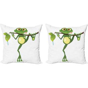 Ambesonne Animal Decorative Throw Pillow Case Pack of 2, Little Frog on Branch of The Tree in Rainforest Nature Jungle Life Art Earth, Couch Bedroom Living Room Cushion Cover, 16″, Green White Yellow(24″ x 24″ (Pack of 2))