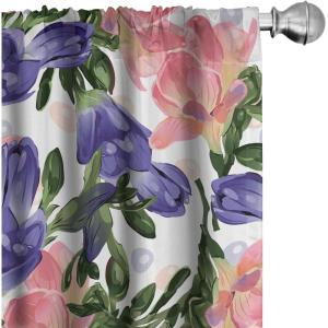 Ambesonne Floral Curtains, Spring Theme Abstract Repeating Pattern of Flowers Leaves Nature Art, Window Treatments 2 Panel Set for Living Room Bedroom, Pair of – 28″ x 84″, Pale Lavender Blue Grey(Coral Blue Violet Green)