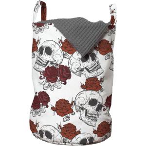 Ambesonne Skull Laundry Bag, Retro Gothic Dead Head Skeleton with Roses Halloween Theme Spooky Trippy Romantic, Hamper Basket with Handles Drawstring Closure for Laundromats, 13″ x 19″, Grey