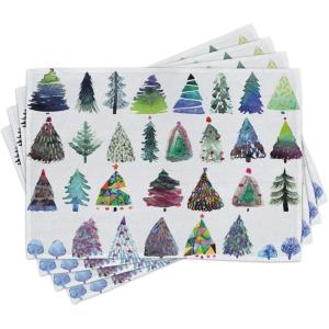 Ambesonne Christmas Place Mats Set of 4, Watercolor Christmas Theme Fir Trees Abstract Silhouettes Illustration, Washable Fabric Placemats for Dining Table, Standard Size, Green Seafoam
