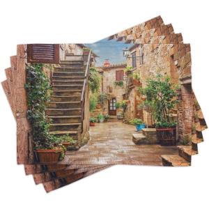 Ambesonne Italian Place Mats Set of 4, View of Old Mediterranean Street Stone Rock Houses in Italy City Rural Print, Washable Fabric Placemats for Dining Table, Standard Size, Stone Green