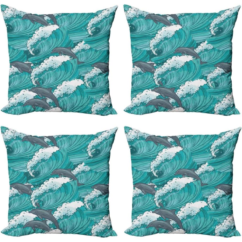 imageAmbesonne Cartoon Throw Pillow Cover Set of 4 Pattern with Flying Fairies Setting on Moon Riding Swan Stick Square Cushion Covers Decor for Bed Couch Sofa 18x18 Rose Earth Yellow PinkCharcoal Grey Teal White