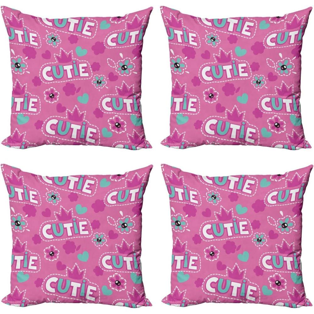 imageAmbesonne Cartoon Throw Pillow Cover Set of 4 Pattern with Flying Fairies Setting on Moon Riding Swan Stick Square Cushion Covers Decor for Bed Couch Sofa 18x18 Rose Earth Yellow PinkFuchsia
