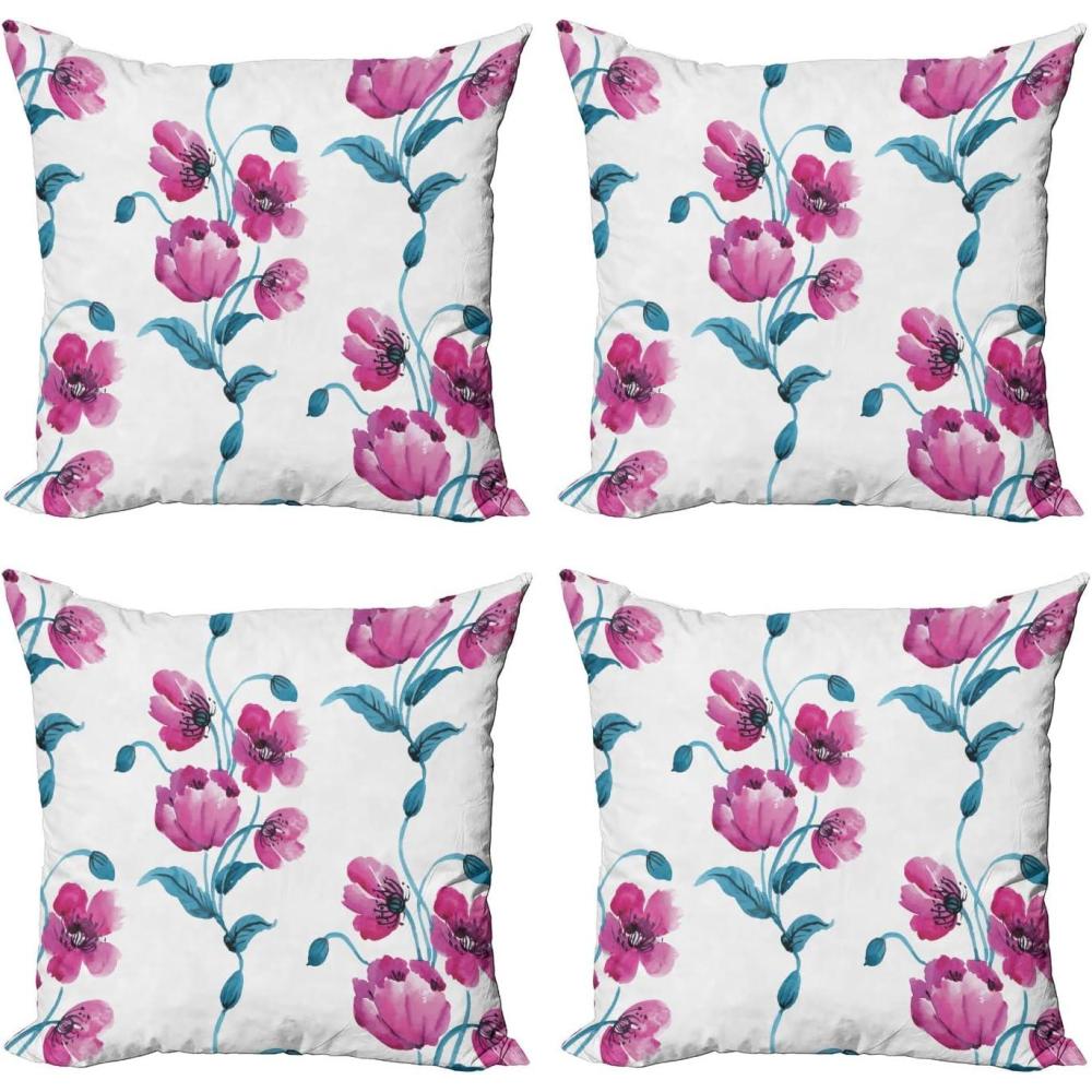 imageAmbesonne Cartoon Throw Pillow Cover Set of 4 Pattern with Flying Fairies Setting on Moon Riding Swan Stick Square Cushion Covers Decor for Bed Couch Sofa 18x18 Rose Earth Yellow PinkFuchsia and Petrol Blue