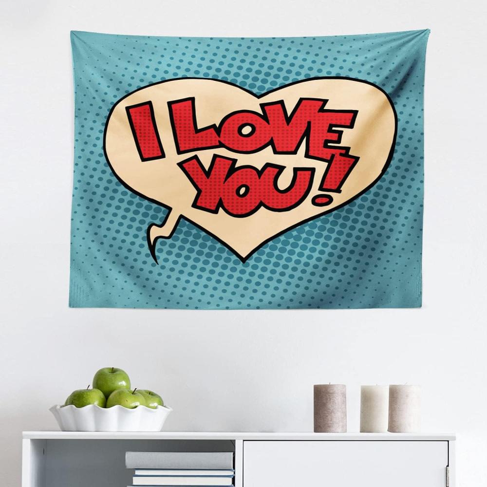 imageAmbesonne I Love You Tapestry Pop Art Style Retro Comic Strip Love Bubble Cartoon Graphic Fabric Wall Hanging Decor for Bedroom Living Room Dorm 28 X 23 Petrol Blue Red IvoryPetrol Blue Red Ivory