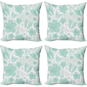 Ambesonne Cartoon Throw Pillow Cover Set of 4, Pattern with Flying Fairies Setting on Moon Riding Swan Stick, Square Cushion Covers Decor for Bed Couch Sofa, 18″x18″, Rose Earth Yellow Pink(Turquoise Seafoam Pearl)