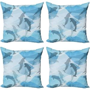 Ambesonne Cartoon Throw Pillow Cover Set of 4, Pattern with Flying Fairies Setting on Moon Riding Swan Stick, Square Cushion Covers Decor for Bed Couch Sofa, 18″x18″, Rose Earth Yellow Pink(Blue and Grey)