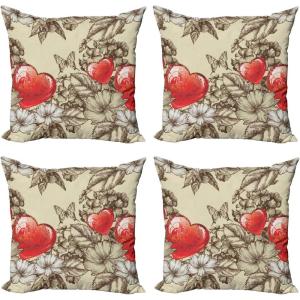 Ambesonne Cartoon Throw Pillow Cover Set of 4, Pattern with Flying Fairies Setting on Moon Riding Swan Stick, Square Cushion Covers Decor for Bed Couch Sofa, 18″x18″, Rose Earth Yellow Pink(Beige Brown Red)