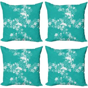 Ambesonne Cartoon Throw Pillow Cover Set of 4, Pattern with Flying Fairies Setting on Moon Riding Swan Stick, Square Cushion Covers Decor for Bed Couch Sofa, 18″x18″, Rose Earth Yellow Pink(Sea Green White)